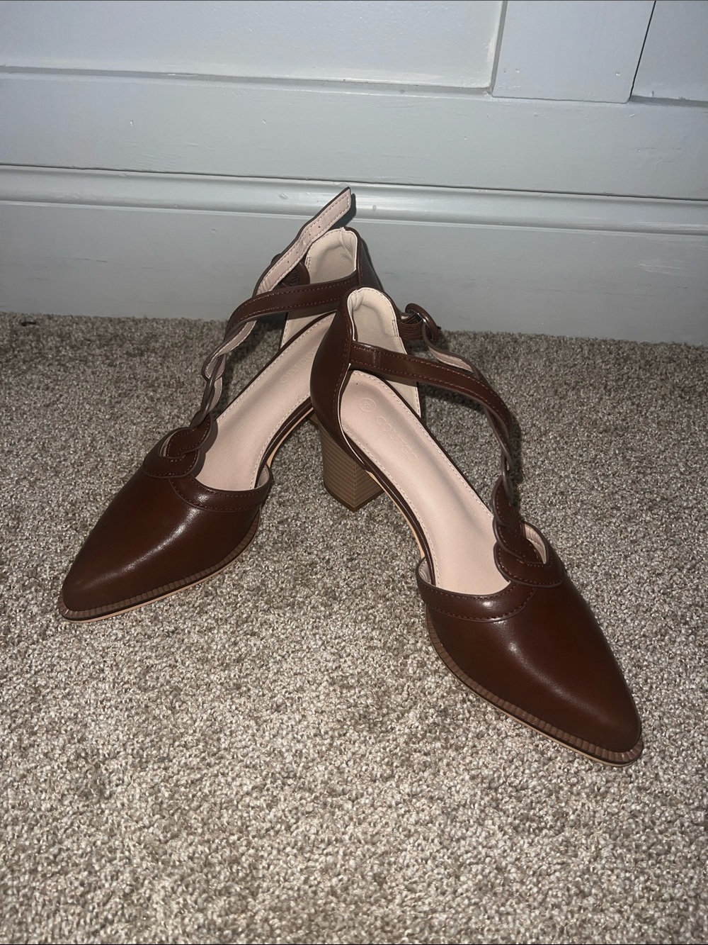 Coutgo Brown Braided Strap Pointed Toe Womens Heels - Picture 2 of 6
